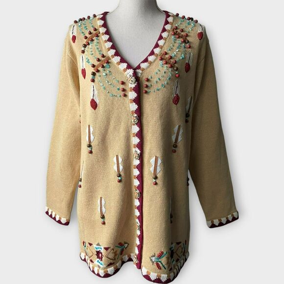 Storybook Knits Cardigan Spirit of the Wolf Beaded Embroider Native Size Large - Picture 2 of 12